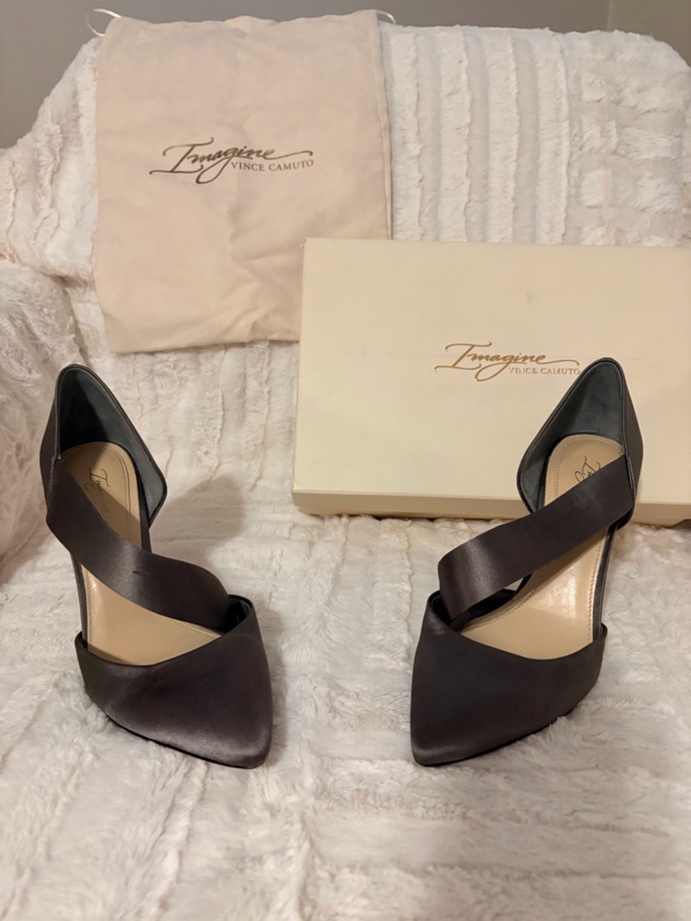 Vince Camuto Gun Metal Silvery Pointed Pumps with Cross Straps